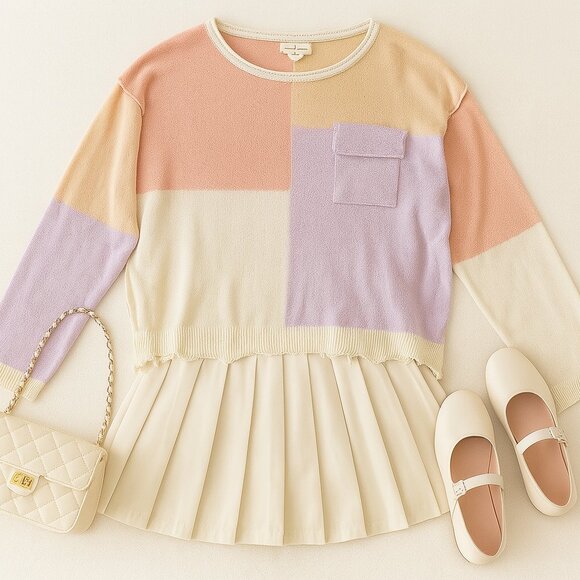 143 Story by Lineup Color Block Sweater Pastel Shades Soft Girl Coquette, M - Picture 3 of 14